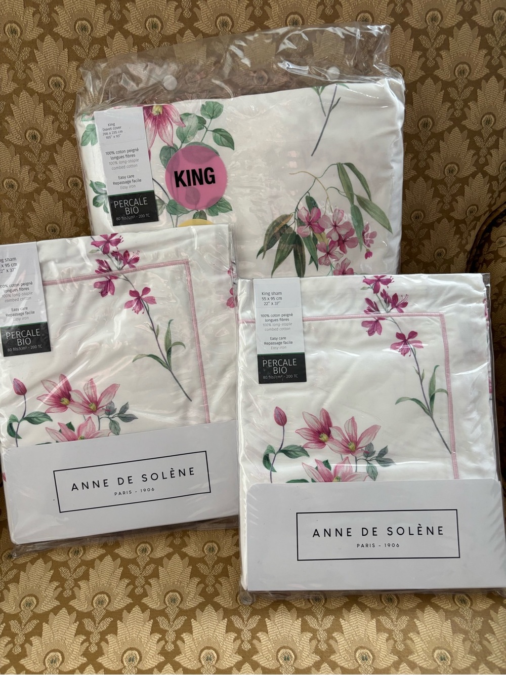 Anne De Solene AURA Pink Floral King Duvet COVER, 2 King Shams